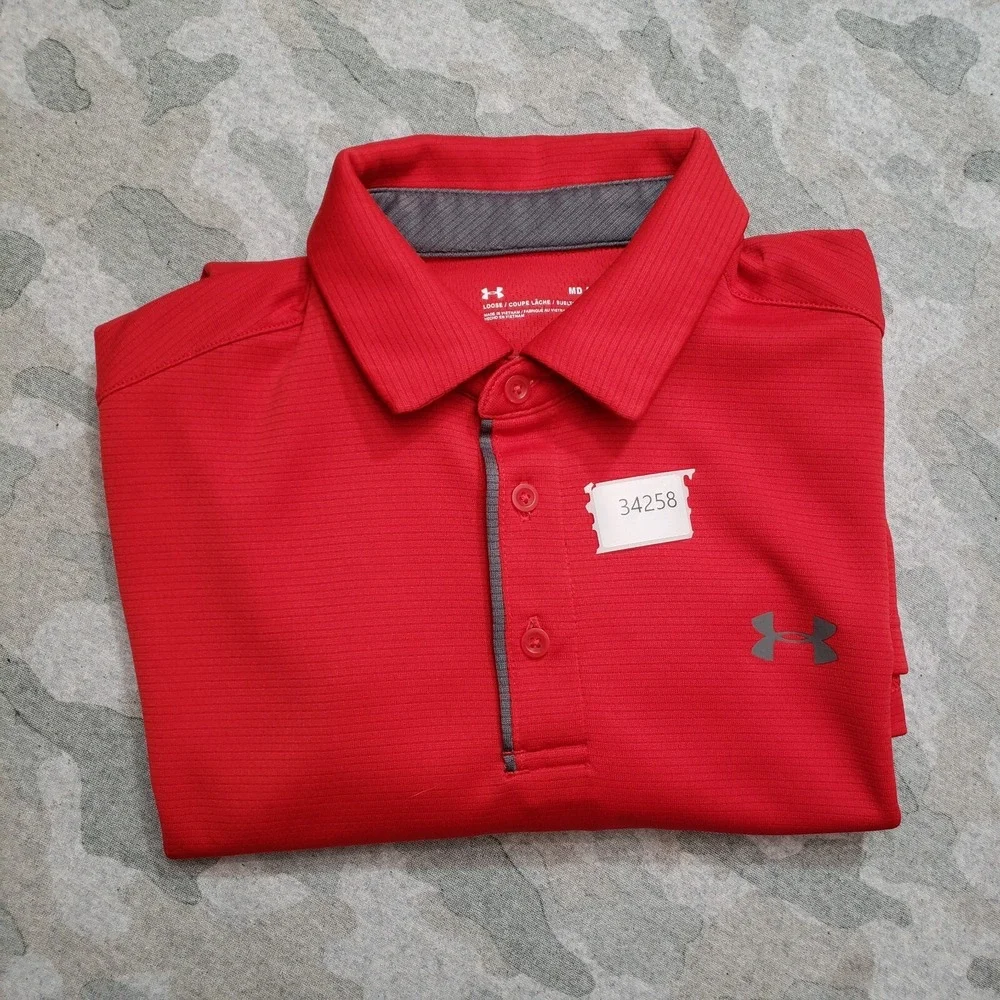 Under Armour Polo Shirt Mens Medium Red Loose Heatgear Short Sleeve